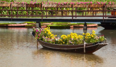 Çiçekler bir ahşap tekne