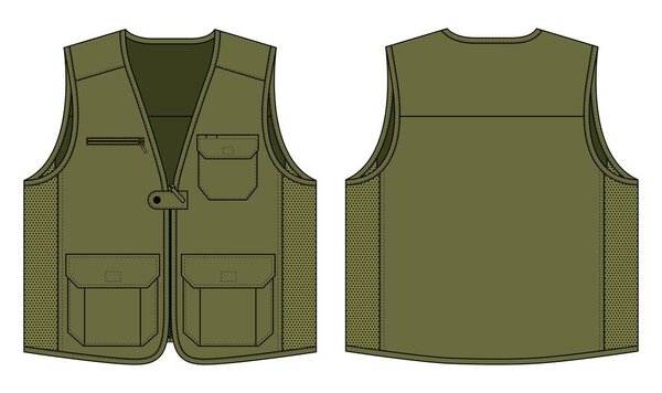 Olive Green Vest With Multi Pocket Template on White Background.Front and Back View, Vector File