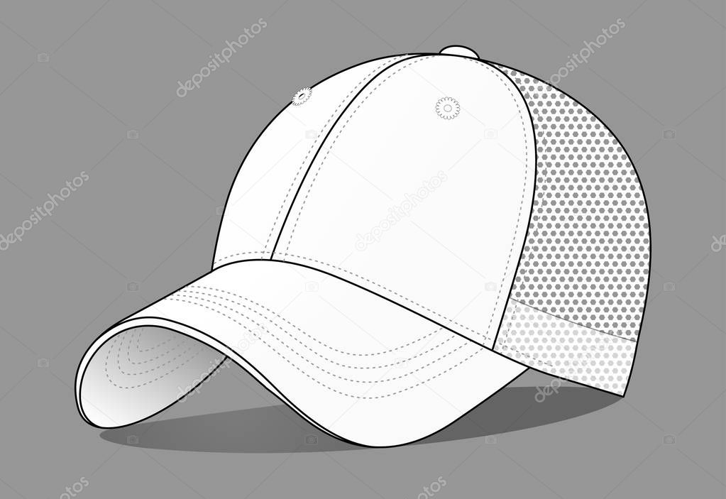 6 Panel Baseball Cap With Mesh-Back Template On Gray Background, Vector File