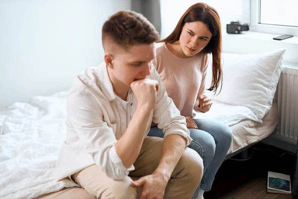 Young frustrated man isnt satisfied with partner, sex — Stock Photo, Image