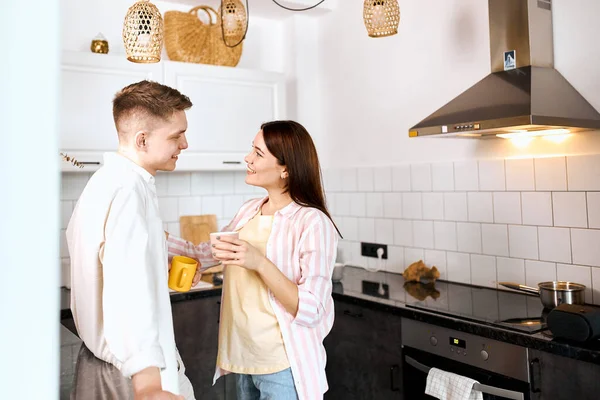 Loving couple enjoying spending time in the kitchen — Stok fotoğraf