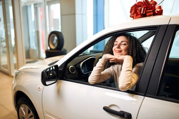 Lächelnde glückliche Frau, die sich an die Scheibe ihres Autos lehnt und im Fahrzeug sitzt — Stockfoto