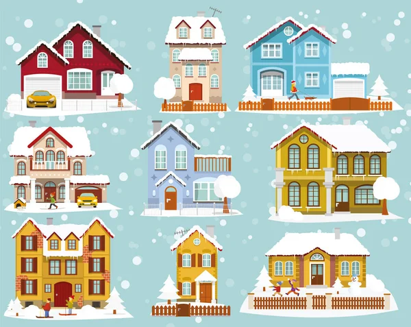 Casas de ciudad en invierno — Vector de stock