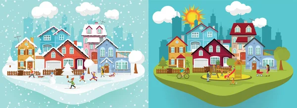 Ciudad en invierno y verano — Vector de stock