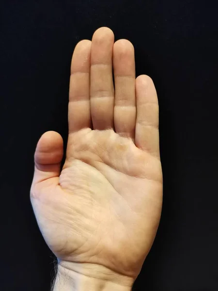 Vänster hand, vuxen man, nedåt, visar — Stockfoto