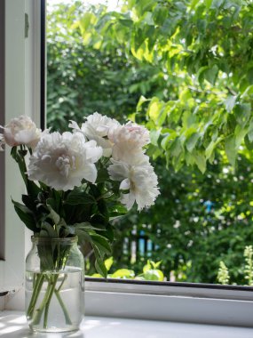 Pencere kenarındaki vazoda çiçekler. 