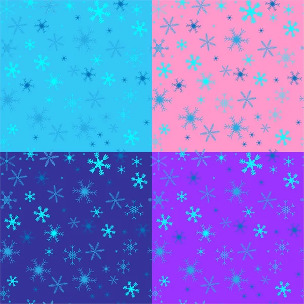Patrón sin costuras vectorial de copos de nieve sobre un fondo azul, azul oscuro, rosa, lila . — Vector de stock