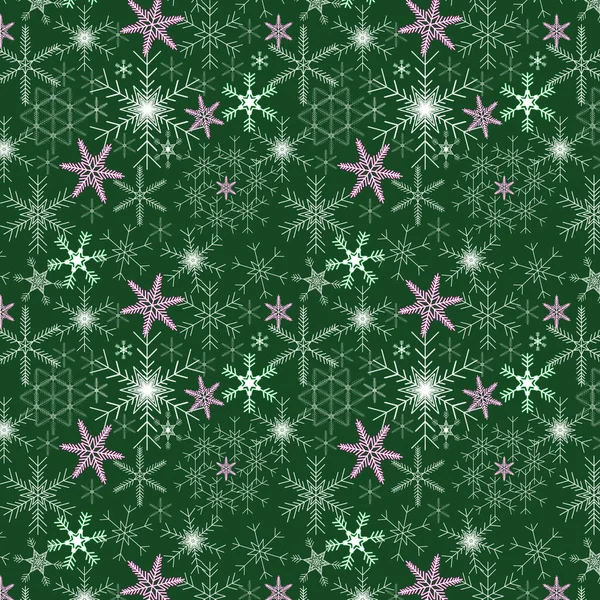 Vektor illustration, sömlös mönster av snöflingor på en mörkgrön bakgrund. — Stock vektor