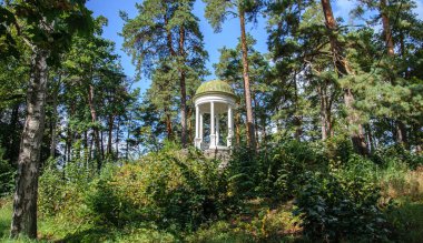 Yeşil çam ağaçlarının arasında, dağda duran beyaz bir çardağı olan manzara..