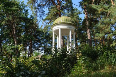 Yeşilliklerle çevrili eski beyaz bir çardak..