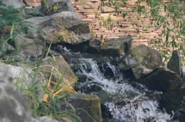 Parlak basamaklı şelale Sonbahar Park siyah kayada temiz su ile