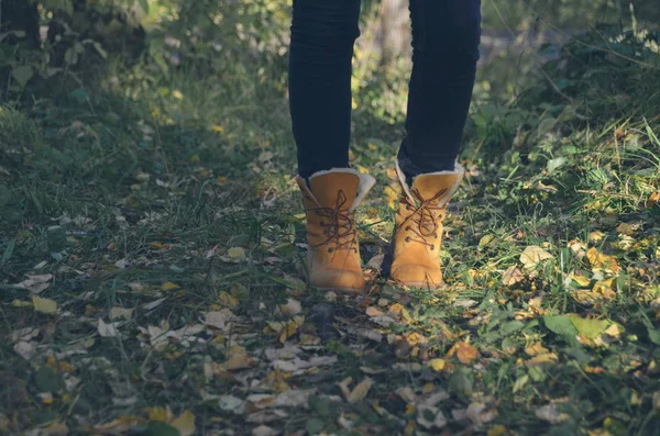 Slender legs in blue jeans and hipster shoes on trail covered with autumn leaves. Indie and hipster style