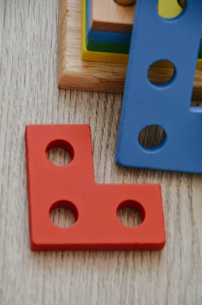 First Bright Child Conundrum Close Macro Photo Colorful Wooden Blocks — Stock Photo, Image