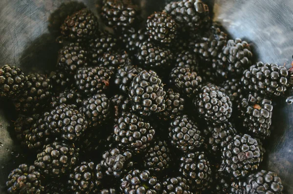金属製のボウルに新鮮な熟したブラックベリーが閉じます 大きな明るい黒い果実 — ストック写真