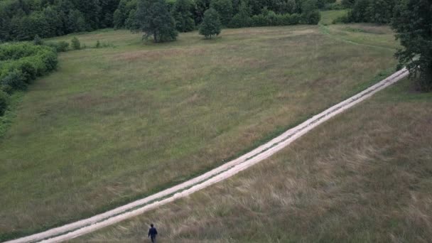 Uomo Attraversa Campo Dell Erba Fino Albero Solitario Spara Dal — Video Stock