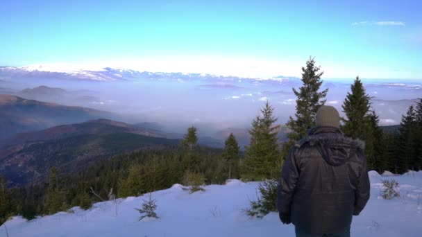 Άνθρωπος Παρακολουθεί Χειμερινό Τοπίο Στο Βουνό — Αρχείο Βίντεο