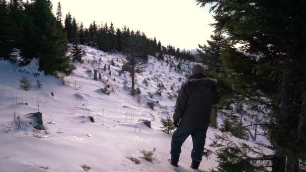 Uomo Sta Guardando Paesaggio Invernale Sulla Montagna — Video Stock