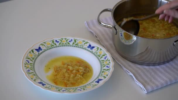 Soup with vegetables pasta and eggs — Stock Footage Soup Vegetables Pasta Eggs Video Clip