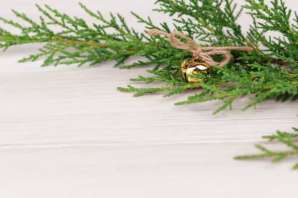 Green juniper branch with a Christmas toy on a light wooden background. Background for Christmas and New Year design — Stock Photo, Image