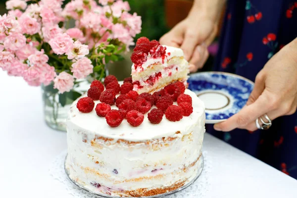 Uma fatia de bolo de framboesa caseiro em um pires em mãos femininas ao lado de um bolo no jardim de verão. Foco seletivo — Fotografia de Stock