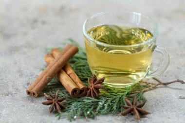 Yeşil bir selvi dalında bir fincan çay, tarçın çubukları ve anason yıldızları. Yeni yılın kahvaltı tasarımı. Seçici odak, boşluğu kopyala
