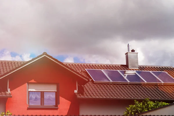 Several Solar Panels Roof House Cloudy Weather Storm Clouds Block — Stock Photo, Image