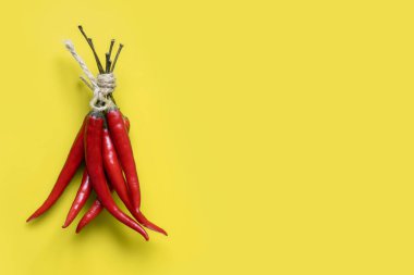Sarı arka planda kenevir ipiyle bağlanmış kırmızı biber demeti. Mutfak temalı bir tasarım için arka plan. Seçici odaklanma. Boşluğun kopyası