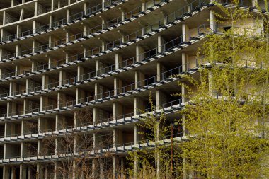 Binanın bitmemiş kısmı. Konut binasının bir kısmı ya da ağaçlarla kaplı ticari mülkü olan bir inşaat alanı. Üretim ve kriz kavramı.