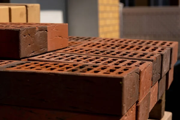 Stack Brown Hollow Bricks Construction Site Close — Stock Photo, Image