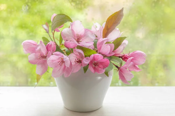 Pink Flowers Decorative Apple Tree Small White Vase Windowsill Image — Stock Photo, Image