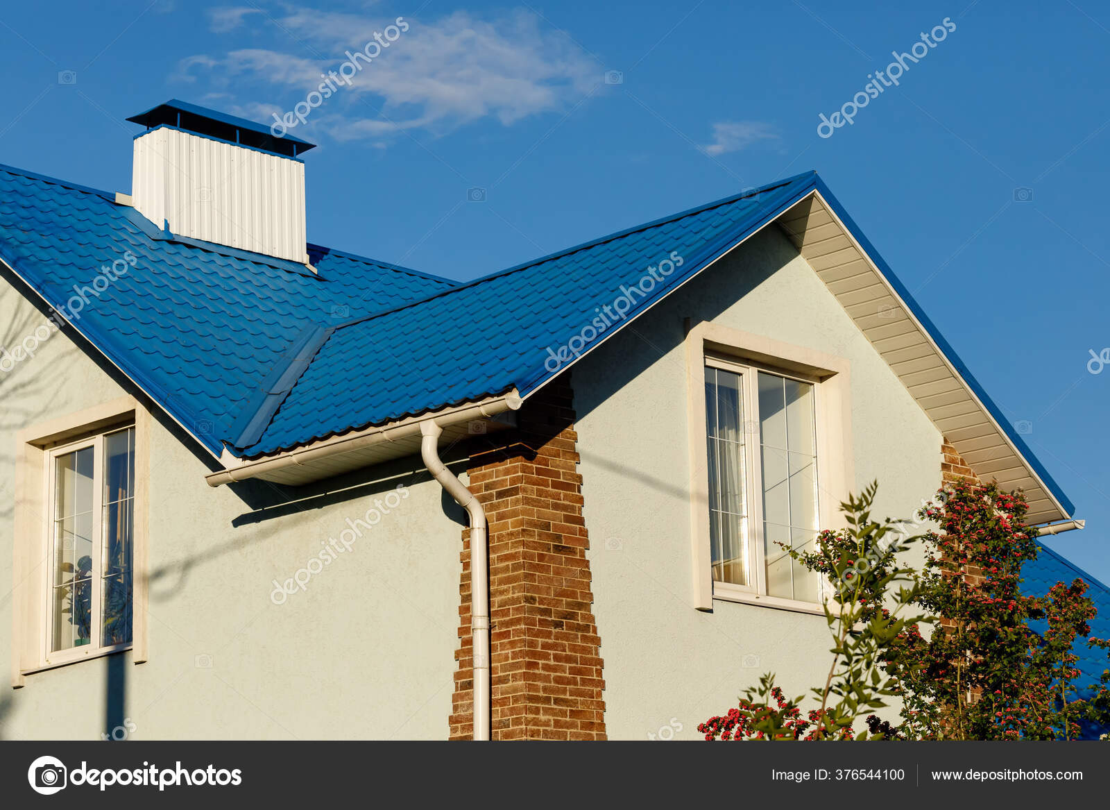 Roof House Cottage Made Blue Metal Tiles Drains Slopes Tides Stock Photo Image By C Laribat 376544100