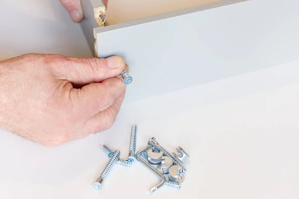 Process Screed Two Walls Kitchen Box Assembling Furniture Close — Stock Photo, Image