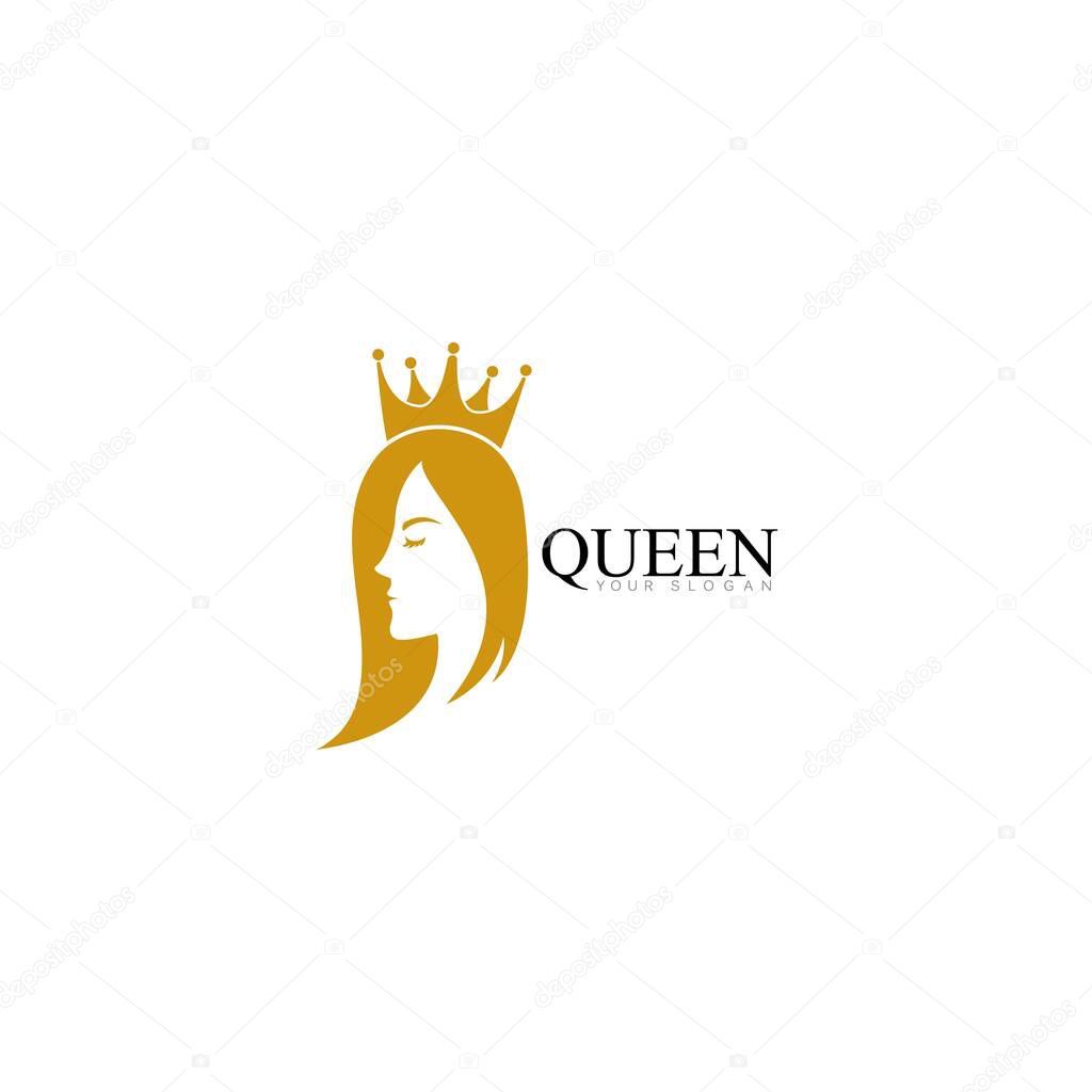 Golden beauty queen with crown template logo vector illsutration design
