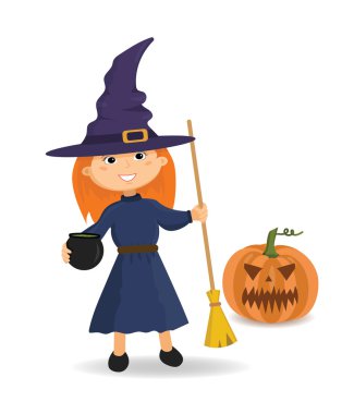Cadı kız elinde süpürgeyle kostüm. Cadılar Bayramı.