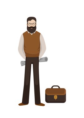 Adam bir kağıt ve evrak çantası. Vektör çizim