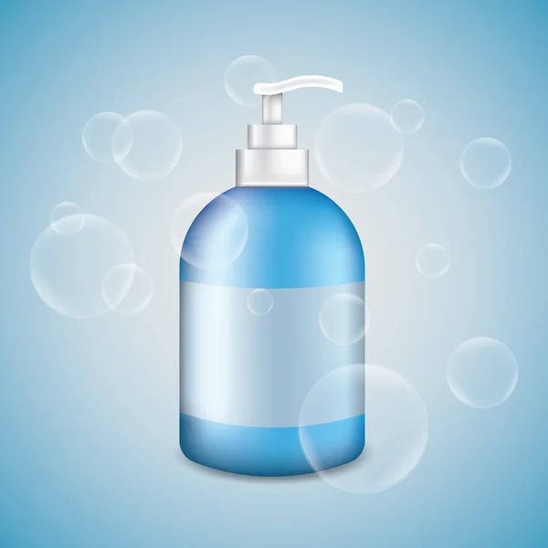 Bomba dispensadora de gel, espuma, champú o jabón líquido Botella de plástico azul. Burbujas. Ilustración vectorial sobre el fondo azul . — Archivo Imágenes Vectoriales