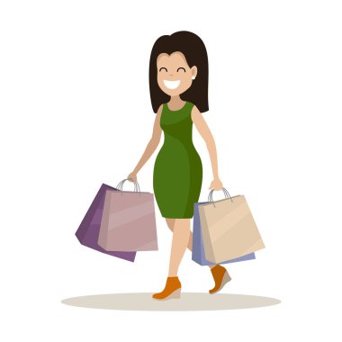 Alışveriş ile genç bir kadın. Ürünler ve hediyeler satın alma. Vektör çizim