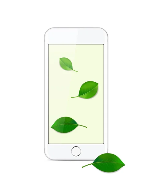 Bianco smartphone moderno su sfondo bianco con una carta da parati con foglie verdi — Vettoriale Stock