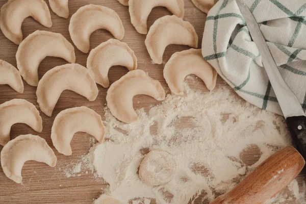 Potato Dumplings Table Flour Rolling Pin Top View Cooking Dumplings — Stock Photo, Image