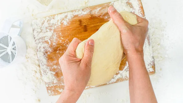 Dough Preparation Woman Hands Kneading Dough Flour Wooden Board Top — ストック写真