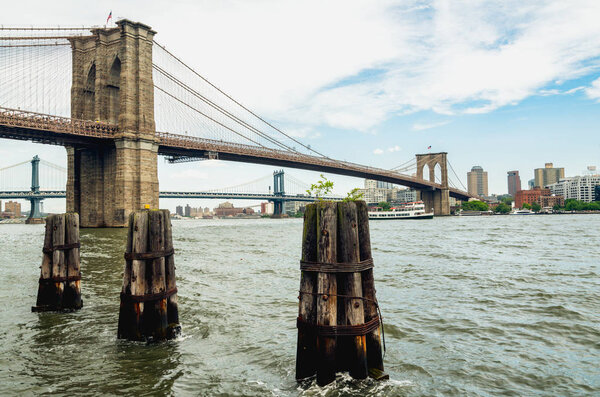 Brooklyn bridge and East River waterfront. Downtown Manhattan, New York City