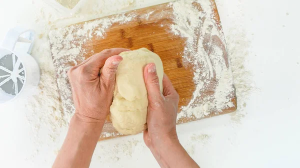 Dough Preparation Woman Hands Kneading Dough Flour Wooden Board Top — ストック写真