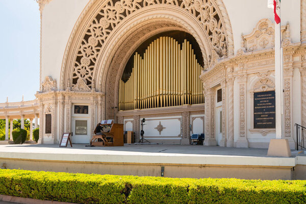 San Diego, California/USA - August 12, 2019   The open-air Spreckels Organ, the world's largest pipe organ in a fully outdoor venue.  Balboa Park, San Diego, California.