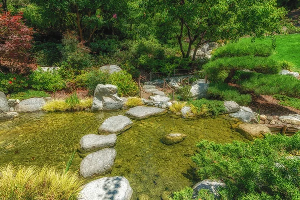 Japansk Trädgård Grå Trampstenar Korsar Floden Japansk Trädgård — Stockfoto