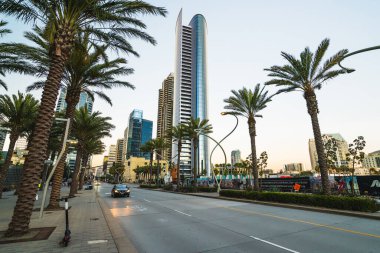 San Diego, California/USA - August 14, 2019  San Diego modern architecture. Pacific Highway & Broadway intersection. Night scene, traffic, city life
