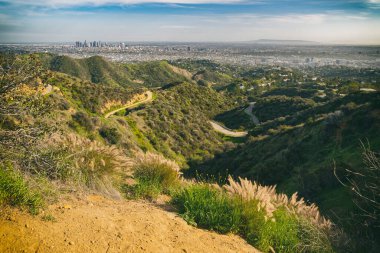 Griffith Park yürüyüş yolu ve Hollywood Hills 'ten Los Angeles şehir merkezinin muhteşem manzarası.