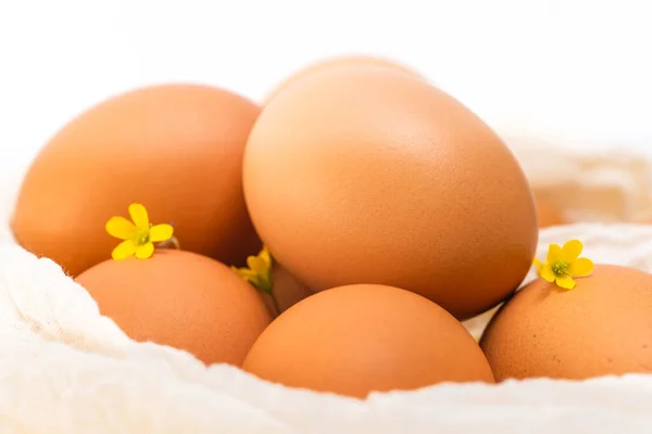 Uova Fiori Marroni Composizione Vicino Sfondo Bianco Vacanze Concetto Uova — Foto Stock