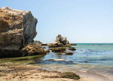 Dalgalar alçaldığında kayalık. Pismo Plajı 'nda güneşli bir gün, California' nın güzel merkez kıyısı.