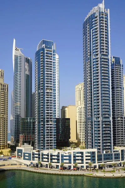 Nézd Modern Felhőkarcolók Csillogó Sunrise Világítás Dubai Marina Dubai Egyesült — Stock Fotó