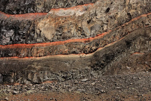 Geological layers of earth - layered rock. Close-up of sedimentary rock in Iceland, Europe